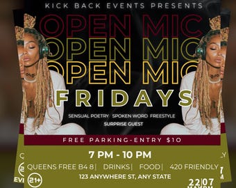 Open Mic, Poetry night, Live Music, Performance Flyer Template, Spoken word, Event, Release Party