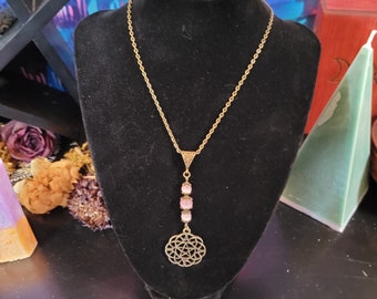 Pentacle and Pink Cat Eye Beads Necklace, Jewelry
