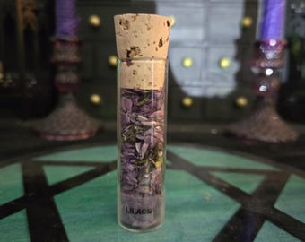 Puede incluir: Un vial cilíndrico de vidrio transparente sellado con un tapón de corcho natural. El vial está lleno de pétalos de lila morados secos y pequeñas hojas verdes. La palabra LILACS está impresa en letras mayúsculas negras cerca de la base.