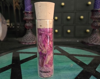 Puede incluir: Un vial cilíndrico de vidrio transparente lleno de pétalos de peonía rosas secos, sellado con un tapón de corcho marrón claro. La palabra PEONIES está impresa en letras mayúsculas negras en la parte inferior frontal del recipiente.