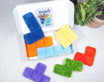 Set Tetris tapijtmagneten | Vintage videospelletje koelkastmagneet | Speelse keukeninrichting | Magneten van regenboogwol | leuk cadeau