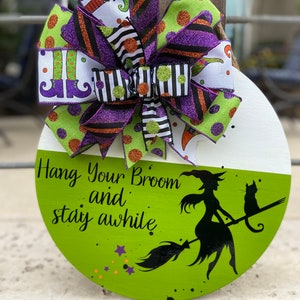 Hang Your Broom Witch Doorhanger, Halloween Door Hanger, Fun Witch Wreath, Witch and Black Cat Halloween Wreath, Halloween Wreath, Door Sign