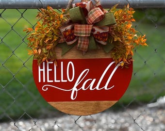 Hello Fall Door Hanger, Rustic Autumn Front Door Sign with Bow and Greenery, Farmhouse Front Door Decor