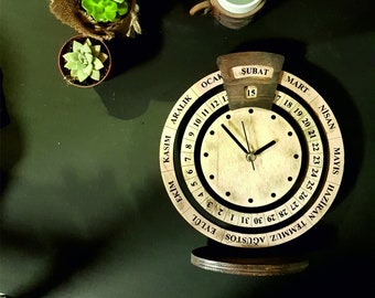 7,87" houten tafelklok, kalenderklok, houten klokbureau, cadeauklok voor tafel, handgemaakte houten gepersonaliseerde klok, designklok,