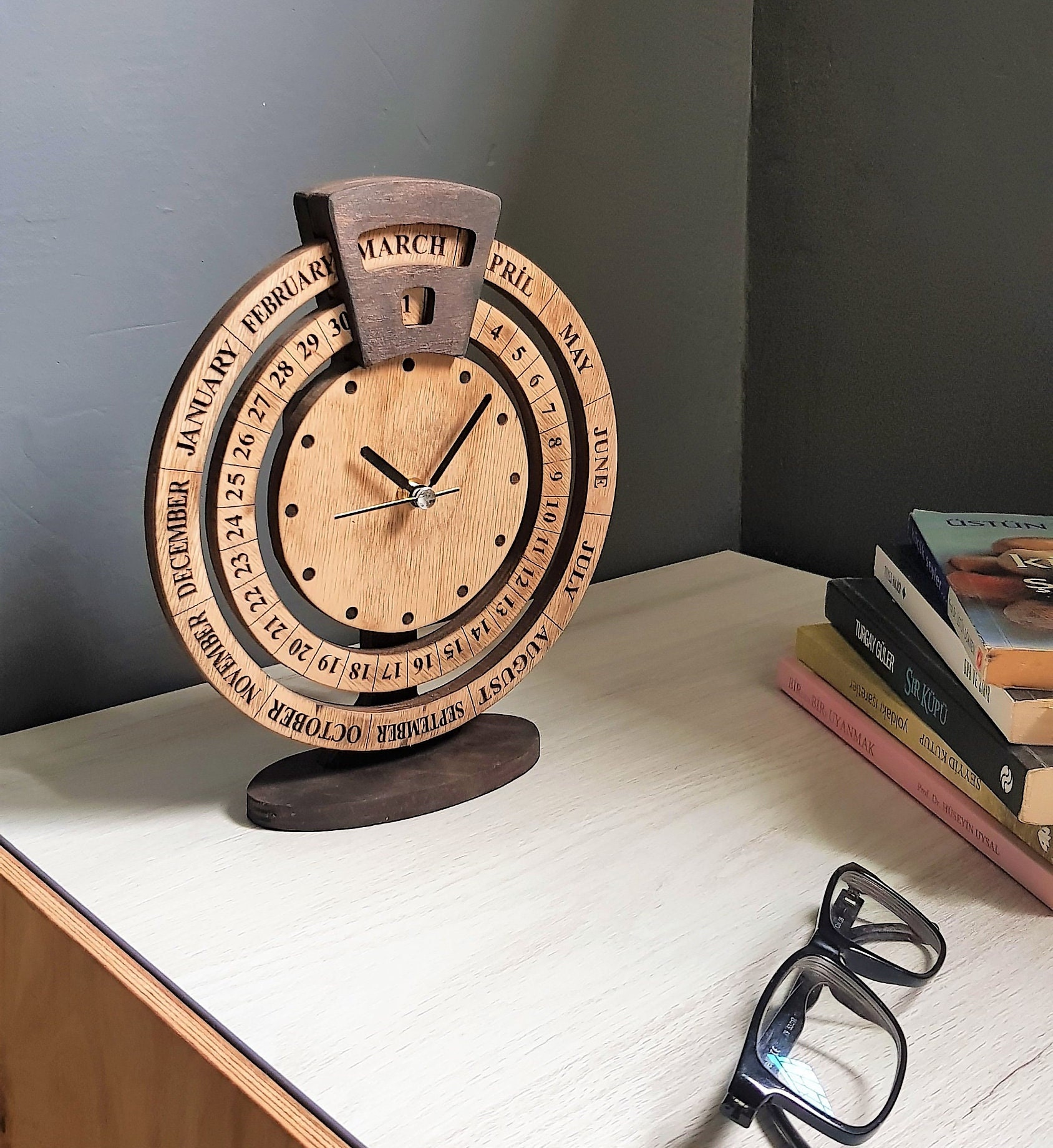 Gift for Mother, Handcrafted Desk Clock With Wooden Calendar