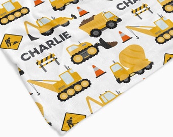 Personalised Construction Trucks Baby/Youth blanket. Minky/Sherpa custom with name.