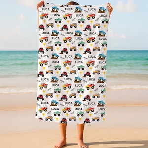 Monster Trucks – Personalised Name Beach Towel – Custom Pool, Beach or Picnic Towel – Unique Gift for Boys & Girls