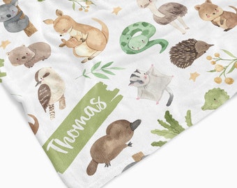 Personalised Aussie Animals Baby/Youth blanket. Minky/Sherpa custom with name.