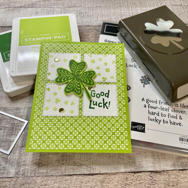 Four Leaf Clover Good Luck Handmade Card - St Patty's Day - Blank Greeting Card - Hand Stamped - Stampin Up - Just Because - Shamrock