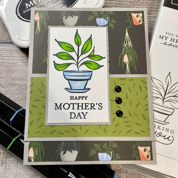 Mother's Day Card - Plant Lover Card - Handmade Card - Card for Her - Hand Stamped Card - Happy Mother's Day - Green Thumb - Gardener