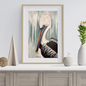 Teal Pelican Print dall'originale su carta d'archivio di alta qualità, regalo per gli amanti del pellicano, regalo per gli amanti degli uccelli, arte del pellicano, arredamento per la casa contemporaneo