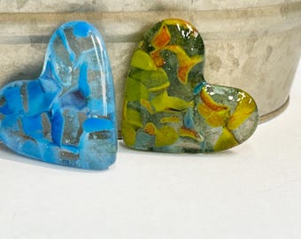 Fused Glass Hearts in Blue or Yellow : 2"