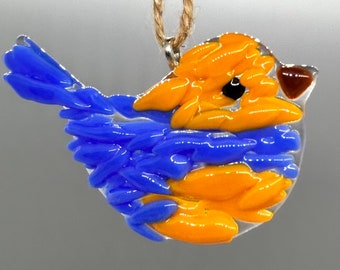 Fused Glass Bird Hanging Décor Indoor or Outdoor Blue and Orange