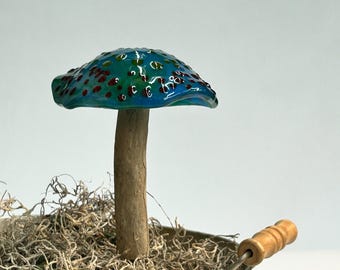 Fused Glass Mushroom on Driftwood Stem in Blues