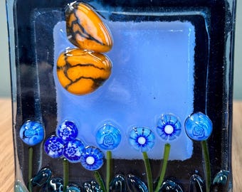 Fused Glass LED Night Light with Butterfly and Flowers