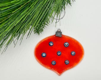 Vibrant Orange and Blue Handmade Glass Ornament