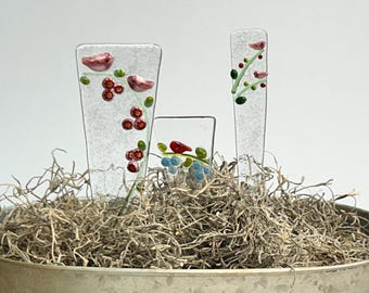 Fused Glass Flower Plant Stake or Markers with Birds