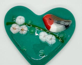Glass Heart with Robin and Flowers Jade Green Heart