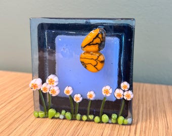 Fused Glass LED Night Light with Butterfly and Flowers