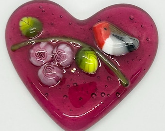 Glass Heart with Robin and Flowers Dark Pink Heart