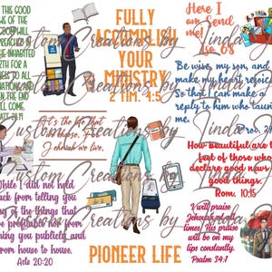 May include: A collage of colorful images with inspirational quotes and bible verses. The images include a man in a blue shirt and a woman in a blue dress, both holding books. The text includes quotes such as "Fully Accomplish Your Ministry" and "It's the life that I choose. For Jehovah we live."