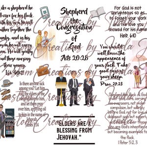 May include: A digital art print with a white background and black text. The print features several quotes about shepherding and leadership, including verses from the Bible. The text includes the words "Shepherd the Congregation of God", "Elders are a Blessing from Jehovah", and "For God is not unrighteous so as to forget your work and the love you showed for his name."