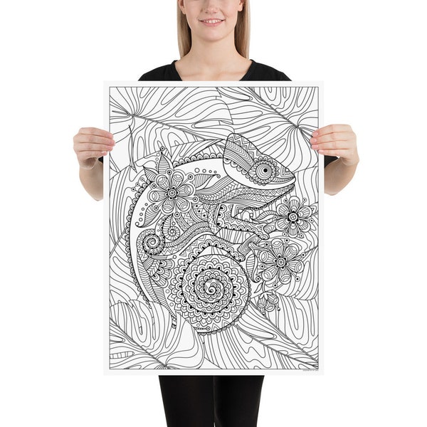 Poster Mandala Caméléon - Art Thérapie - Coloriage pour Tous - Méditation - Déco Murale - Coloriage Mandala - Cadeau - Coloriage pour adulte