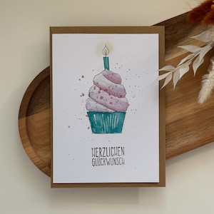 Grußkarten zum Geburtstag einzeln oder im Set • Klappkarte mit Briefumschlag • verschiedene Aquarell-Motive Cupcakes/Flamingo/Blumenwiese