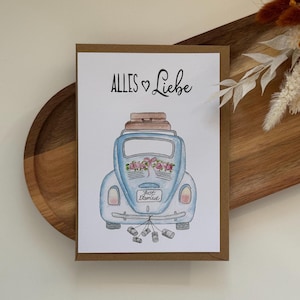 Grußkarte zur Hochzeit mit Spruch Alles Liebe • Klappkarte mit Briefumschlag • Motiv Aquarell Hochzeitsauto VW Käfer blau mit Rosen