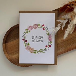 Grußkarte zum Geburtstag oder Hochzeit mit Spruch Herzlichen Glückwunsch • Klappkarte mit Briefumschlag • Motiv Aquarell Blumenkranz Rosen