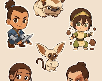Avatar Chibi Sticker Bundle – 6 Pack | Waterproof | Cute Anime Stickers | Sokka, Momo, Katara, Zuko, Toph | Laptop • Water Bottle • Journal