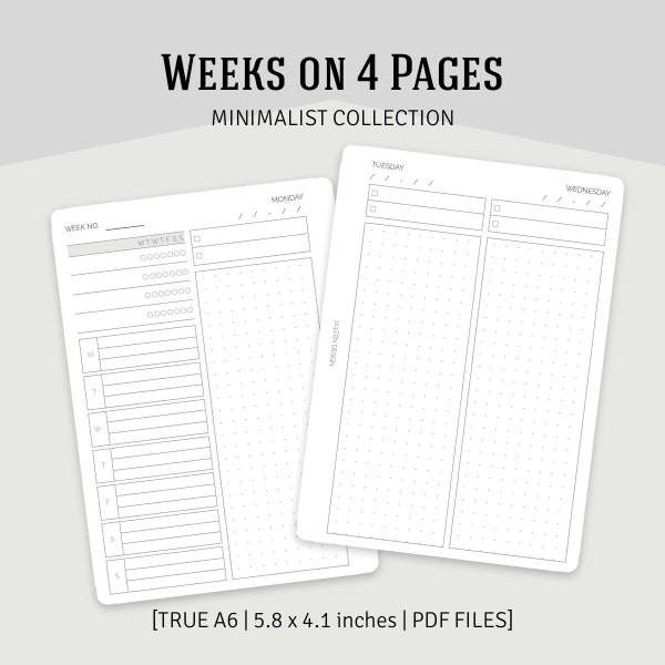 TRUE A6 SIZE - Minimalist Collection | Weekly and Overview Planner + Free Cover