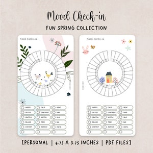 May include: Two printable mood tracker sheets with a spring theme. The first sheet features a circle with a chicken and chicks inside, surrounded by flowers and leaves. The second sheet features a circle with a house inside, surrounded by trees and flowers. Both sheets have a list of mood words and checkboxes to track your mood.