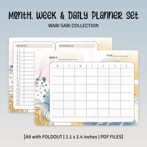 May include: A set of printable planners with a minimalist aesthetic. The planners include a monthly, weekly, and daily layout. The design features a light blue, yellow, and white color scheme with abstract shapes and lines. The text "Month. Week & Daily Planner set WABI SABI COLLECTION" is at the top of the image. The text "[A9 with FOLDOUT | 3.1 x 2.4 inches | PDF FILES]" is at the bottom of the image.