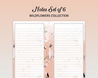 May include: A set of six printable note cards featuring a floral design with white flowers and green leaves on a pink background. The cards are 6.75 inches by 3.75 inches and are labeled "Notes Set of 6 Wildflowers Collection".