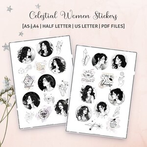Conjunto de pegatinas de mujeres celestiales, tamaño A5, A4, media carta y carta de EE. UU.