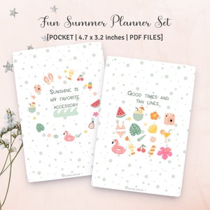 Pode incluir: Duas capas de planejador imprimíveis com tema de verão. A capa da esquerda apresenta um flutuador de flamingo rosa, óculos de sol e o texto "Sunshine is my favorite accessory". A capa da direita apresenta uma melancia, uma bebida de coco e o texto "Good times and tan lines". Ambas as capas têm um fundo branco com bolinhas verdes.
