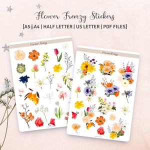 A5, A4, meia letra e carta dos EUA - conjunto de adesivos para impressão Flower Frenzy
