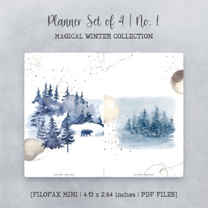 May include: A planner set of four with a winter theme. The design features watercolor illustrations of a snowy forest, a bear, and celestial elements. The text reads "Planner Set of 4 | No. 1 MAGICAL WINTER COLLECTION". The planner is 10.49 x 6.71 cm.