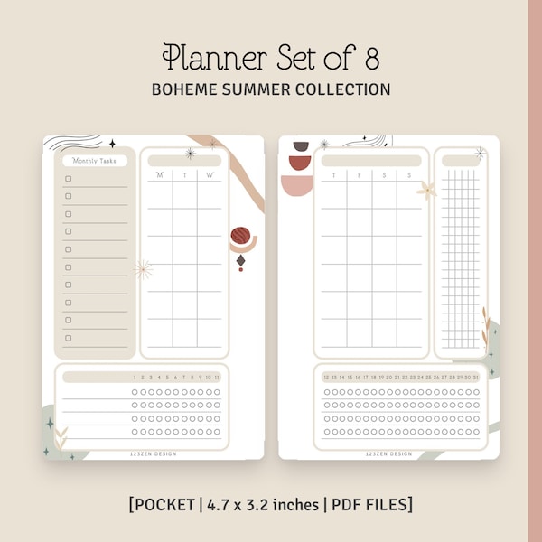 POCKET SIZE - Boheme Summer Collection | 2 Monthly, 2 Weekly, and Daily Planners, Tracker, Lists, Cover