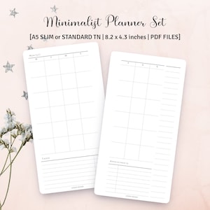 Puede incluir: Un conjunto de planificadores minimalistas en formato PDF. El planificador incluye una semana con espacio para citas y tareas. El planificador está diseñado para cuadernos A5 slim o estándar TN y mide 8,2 x 4,3 pulgadas.