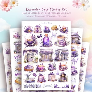 May include: A set of printable lavender cafe stickers featuring watercolor illustrations of lavender flowers, teacups, cakes, and a cafe storefront. The stickers are perfect for adding a touch of whimsy to planners, journals, and other paper crafts.