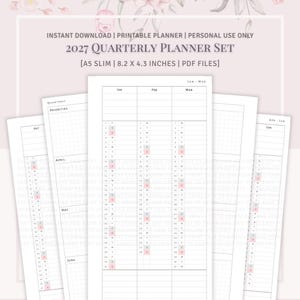 May include: A 2027 quarterly planner set featuring A5 slim printable PDF pages measuring 8.2 by 4.3 inches. The white pages display monthly calendars with columns for January through March, including grid sections for priorities and notes.
