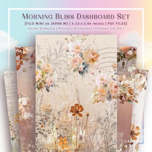 Può includere: Un set di carte per cruscotti digitali stampabili con un design floreale con fiori rosa, pesca e crema delicati su uno sfondo beige. Le carte misurano 4,13 pollici per 2,64 pollici e sono adatte per l'uso con pianificatori Filo Mini o Japan M5.