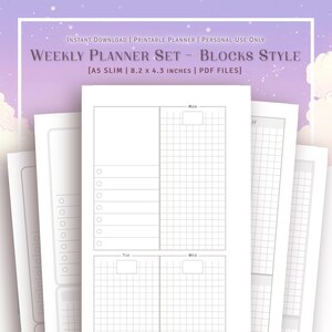 May include: Printable weekly planner set in blocks style. The planner is A5 slim size, 8.2 by 4.3 inches, and includes Monday, Tuesday, Wednesday, and a grid page. The planner is in black and white.