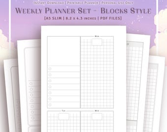 A5 SLIM SIZE - Minimal Weekly Planner Set - Blocks Style