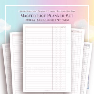 May include: A printable master list planner set in A6 size, 5.8 x 4.1 inches. The planner pages are white with light gray lines and a column for percentage completion. The text "INSTANT DOWNLOAD | PRINTABLE PLANNER | PERSONAL USE ONLY" and "MASTER LIST PLANNER SET" is at the top of the page.