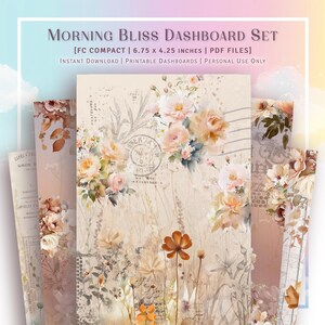 Puede incluir: Un conjunto de cuatro diseños de tablero imprimibles con un patrón floral de acuarela en tonos apagados de rosa, marrón y beige. Los diseños incluyen un sello de inspiración vintage y un motivo floral.