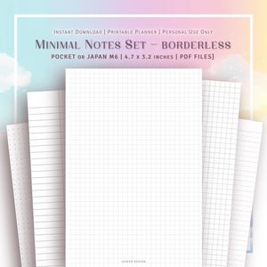 Puede incluir: Un conjunto de cuatro páginas de notas imprimibles en un estilo minimalista. Las páginas no tienen bordes y presentan diferentes patrones de cuadrícula: punteado, rayado, cuadriculado y en blanco. Las páginas están diseñadas para su uso con una agenda de bolsillo o de tamaño M6 japonés, que mide 12 x 8,1 cm. El texto "INSTANT DOWNLOAD | PRINTABLE PLANNER | PERSONAL USE ONLY" y "MINIMAL NOTES SET - BORDERLESS" se muestra en la parte superior de la imagen.