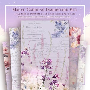 Può includere: Set di dashboard per planner stampabili con un design floreale e vintage. Gli inserti presentano fiori ad acquerello nei toni del viola, rosa e blu, con scritte e testo scritti a mano. Misurano 10,49 x 6,71 cm.